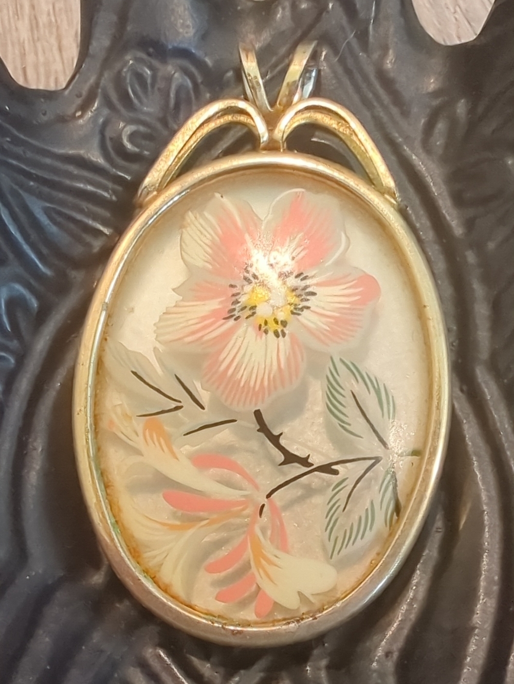 Vintage Gold Tone  Floral Glass Shadowbox Pendant